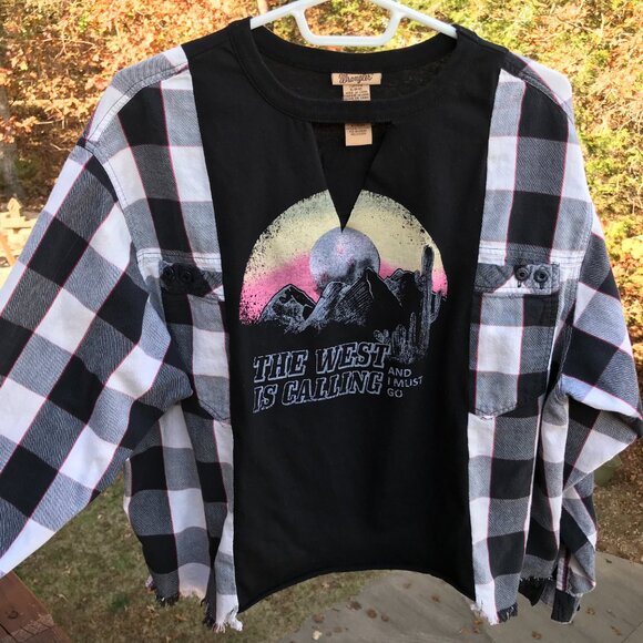 Reworked Buffalo Plaid Tee, Size M-L: Upcycled Oversized Mountain Graphic Shirt - Picture 6 of 11
